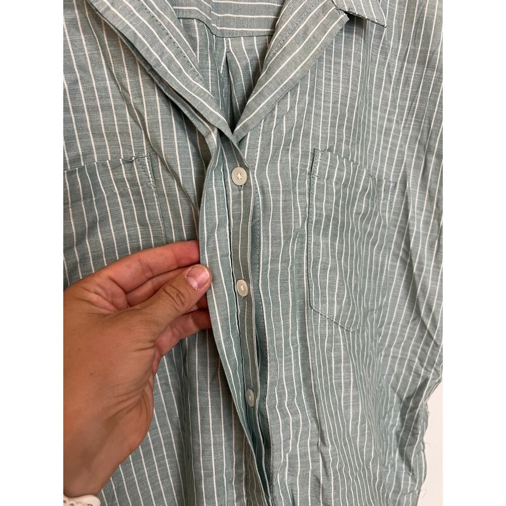 Jachs Girlfriend Green Striped Button Up Shirt Womens Small S Rayon Cap Sleeve - Picture 4 of 8